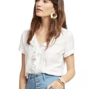 Maeve Anthropologie Elegant White Ruffle Blouse